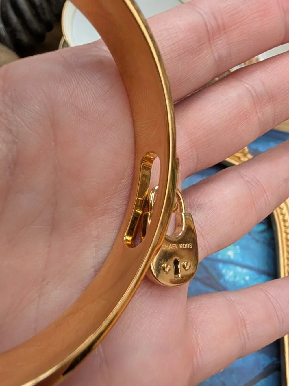 Michael Kors designer vintage Lock Charm rhinestone gold cuff bangle bracelet